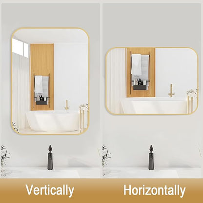 24x36 Inch Gold Bathroom Mirror, Brushed Gold Metal Framed Rectangular Mirror