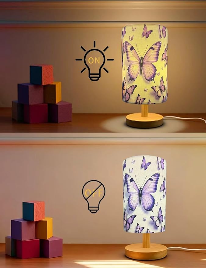 Butterfly Lamp, Butterfly Lamps for Girls Bedroom,3 Color Night Light Wood Nightstand Desk Base Flaxen Fabric Shade for Bedroom Living Room, Butterflys Lovers Gifts, LED Bulb Included（purple lamp）