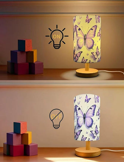 Butterfly Lamp, Butterfly Lamps for Girls Bedroom,3 Color Night Light Wood Nightstand Desk Base Flaxen Fabric Shade for Bedroom Living Room, Butterflys Lovers Gifts, LED Bulb Included（purple lamp）