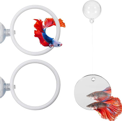 Beta Fish Aquariums Accessories, 1 Fish Mirror with Floating Ball & 2 Exercise Training Ring Toys, Fish Feeding Ring, Betta Fish Toys Set for Tank, Enrichment Toys for Fish