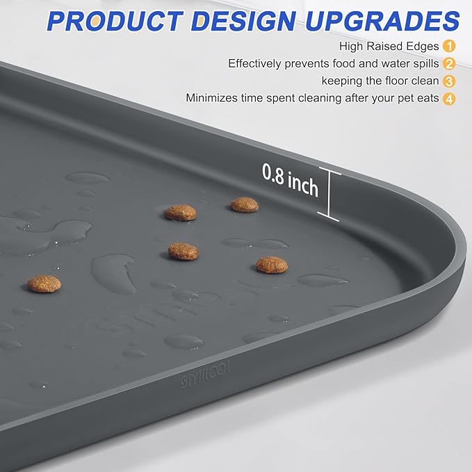 SMILOOL Waterproof Silicone Pet Food Mat with Raised Edge for Dog & Cat | 22" x 14" Non-Slip Pet Feeding Mats with Lip for Food & Water Bowl, Food Grade, Easy Cleaning, Dark Gray