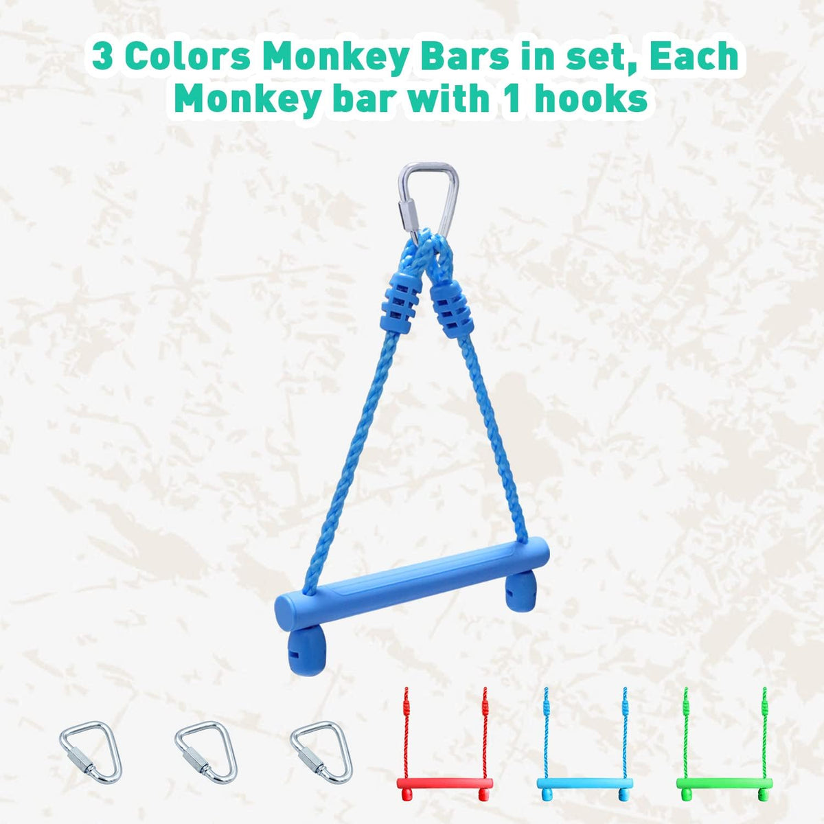 Rainbow Craft 3-Pack Kids Ninja Monkey Bars - Trapeze Swing Bars for Ninja Obstacle Course Attachments - 3pc of Blue, Red & Green Color
