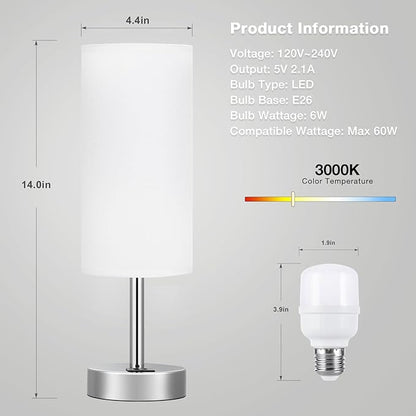 White Bedside Touch Table Lamps for Bedroom Nightstand with USB-C USB-A Charging Ports White, 3 Way Dimmable Control Small Lamp Silver Base for Office, Living Room, Reading