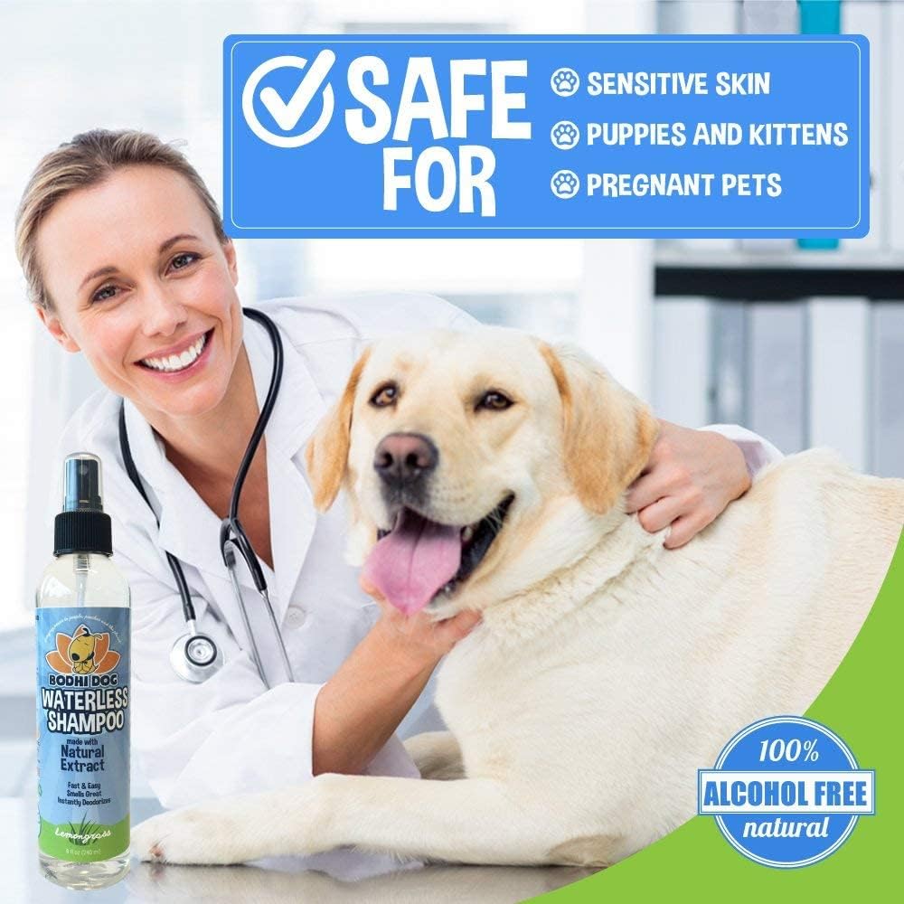 Bodhi Dog Waterless Shampoo for Dogs & Cats - Natural Dry Shampoo, Neutralizes Odor, No Rinse Needed, Safe for All Breeds - Made in USA - Lemongrass Scent (8 Fl Oz)