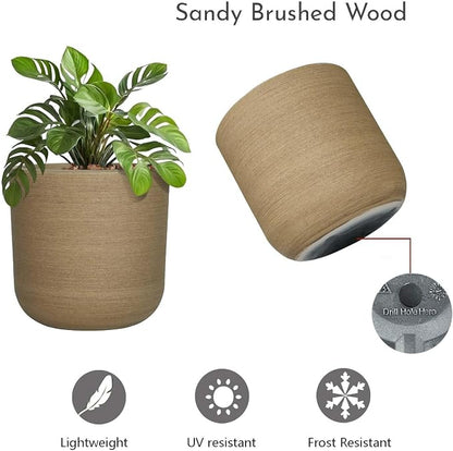 11 Inch Faux Wood Planter, Sandy Brushed Plastic Plant Pot with Drain Hole & Stopper, Lightweight Rustic Flower Pot for Indoor Outdoor, UV & Frost Resistant, Natural Wood Look