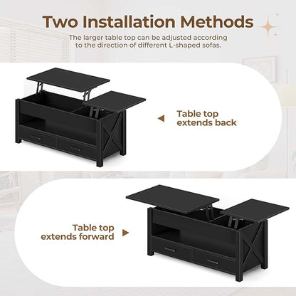 Seventable Coffee Table, 39.3" Lift Top Coffee Table with 2 Storage Drawers and Hidden Compartment, X Wood Farmhouse Support, Retro Center Table with Lift Tabletop for Living Room,Black