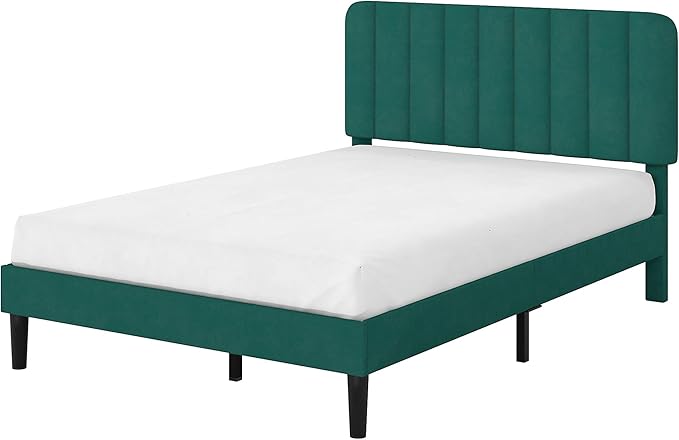 VECELO Queen Size Bed Frame with Upholstered Headboard, Velvet Platform Bedframe Mattress Foundation, Strong Wood Slat Support, No Box Spring Needed,Green