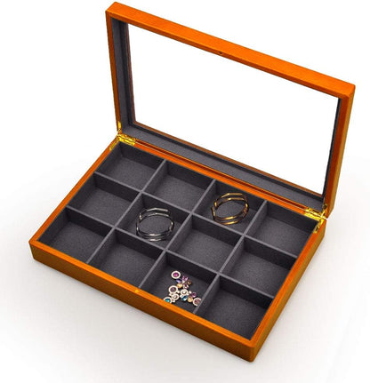 Oirlv 12 Grids Vintage Solid Wood Jewelry Box Microfiber Lining Earrings Bracelets Necklace Storage Jewelry Drawer Organizer Tray with Lid