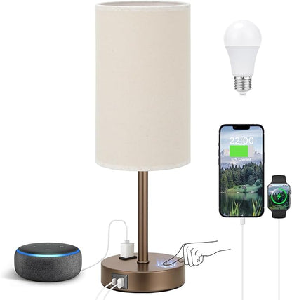 Fenmzee Touch Table Lamp - Beige, 3-Way Dimmable, USB A + C Charging, AC Outlet, 17.4inch Medium, Brown Metal Base