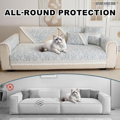 HANDONTIME Floral Chenille Sofa Cover, White Plush Fringed Dog Couch Cover, Jacquard Dog Mat for Couch Sofa, Washable & Anti-Slip Pet-Friendly Furniture Protector for Sectionals (Blue,35.4" x 63")