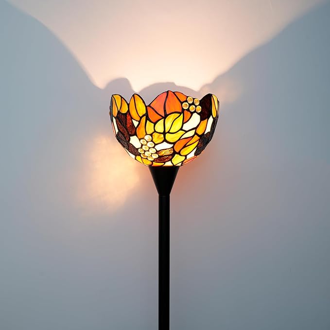 Tiffany Floor Lamp Tochiere Standing Lamp Yellow Grapes Style Stained Glass Floor Light Vintage Tall Pole Uplight Rustic Corner Lamp with Foot Switch for Home Decor Living Room Bedroom