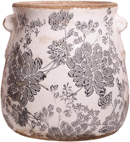 Tuscan Ceramic Planter & Vase, 6.68" Indoor/Outdoor Decorative Plant Pot | Unique Boho Flower Pot with Drainage, French Country Decor, Room & Home Ornament, Plant Gifts for Women, Vintage Grey