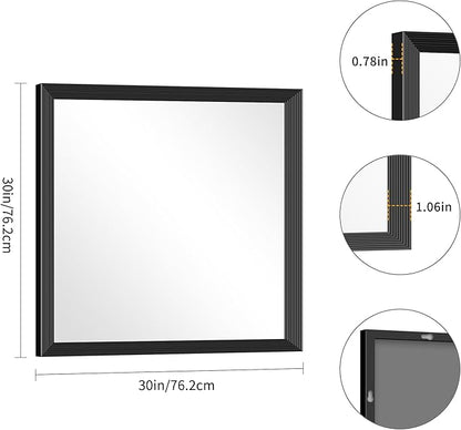 Black Bathroom Mirror 30 x 30 Inch Rectangle Wave Beveled