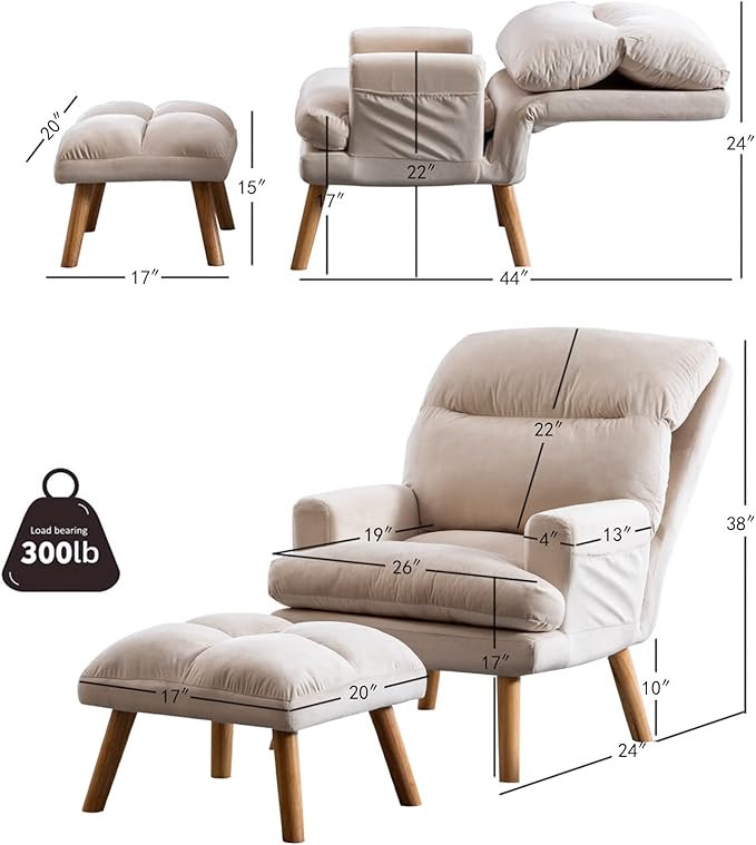 CANMOV Modern Accent Chair with Ottoman, Soft Fabric Armchair with Adjustable Backrest and Side Pockets, Comfy Lounge Chair for Living Room, Bedroom, Apartment, Office, Beige