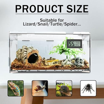 Acrylic Reptile Breeding Box Terrarium Cage Tank, 11.8"x7.9"x5.9", with Temperature Hygrometer, for Small Reptiles, Snakes, Insects, Home Office