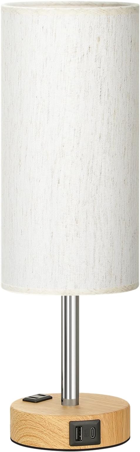 Fenmzee Bedside Table Lamp for Bedroom - 3 Way Dimmable Touch Lamp USB C Charging Ports and AC Outlet, Small Lamp Wood Base Round Flaxen Fabric Shade for Living Room, Desk, LED Bulb Included
