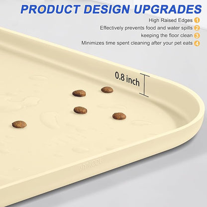 SMILOOL Silicone Pet Food Mat with Raised Edge for Food and Water Bowl, Dog Feeding Mats, Cat Food Trays for Floor Waterproof, Rubber Tray for Dogs and Cats, 22 x 14 x 0.8 White Sand(Yellow Cast)