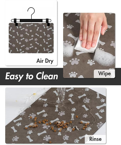MontVoo Dog Food Mat-Pet Feeding Mat for Food and Water-No Stains Quick Dry Dispenser Cat Bowl Mat for Messy Drinkers(17"x28" Brown)