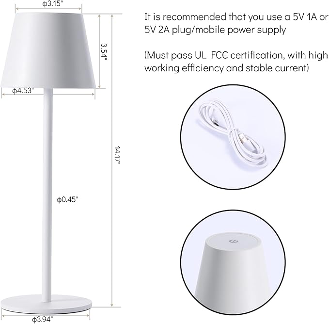 Maksone 2 Pack LED Cordless Table Lamp, 6600mWh Rechargeable Battery Desk Lamp, 3000K Stepless Dimming Night Light, IP54 Waterproof Metal Outdoor Portable Lamp for Camping, Restaurant (White)