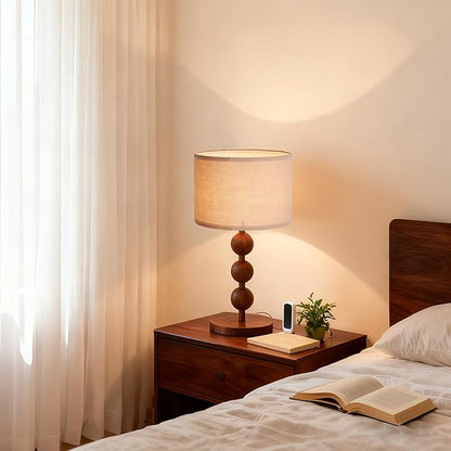 Bedside Nightstand Table Lamp for Bedroom Red Wood Pattern Iron Lamp with Fabric Shade, Mid Century Modern Farmhouse Table Lamp Desk Lamp for Living Room Home Office with LED E26 Bulb