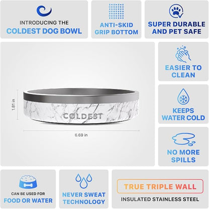 Coldest Dog Bowl - Anti Rust Metal, Non Slip, 3 Layers Insulated Stainless Steel Dog Bowls - Spill Proof & Heavy Duty - Water Bowl for Dogs, Cats & Pets, Dish Washer Safe (21 oz, Carrara Marble)