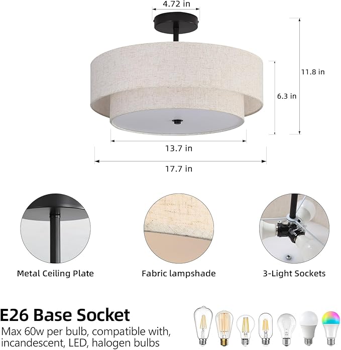 18" Semi Flush Mount Ceiling Light with Fabric Lampshade Modern Drum Ceiling Lamp Black Ceiling Light Fixture for Dining Room Kitchen Bedroom Living Room