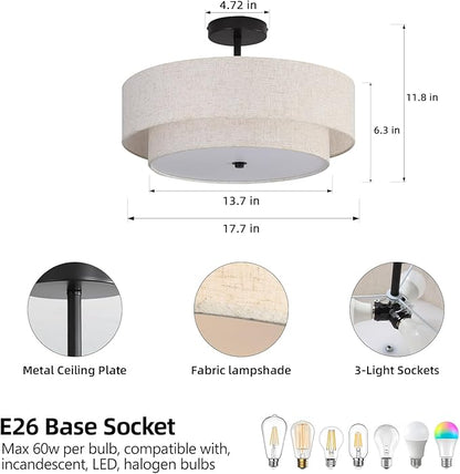 18" Semi Flush Mount Ceiling Light with Fabric Lampshade Modern Drum Ceiling Lamp Black Ceiling Light Fixture for Dining Room Kitchen Bedroom Living Room