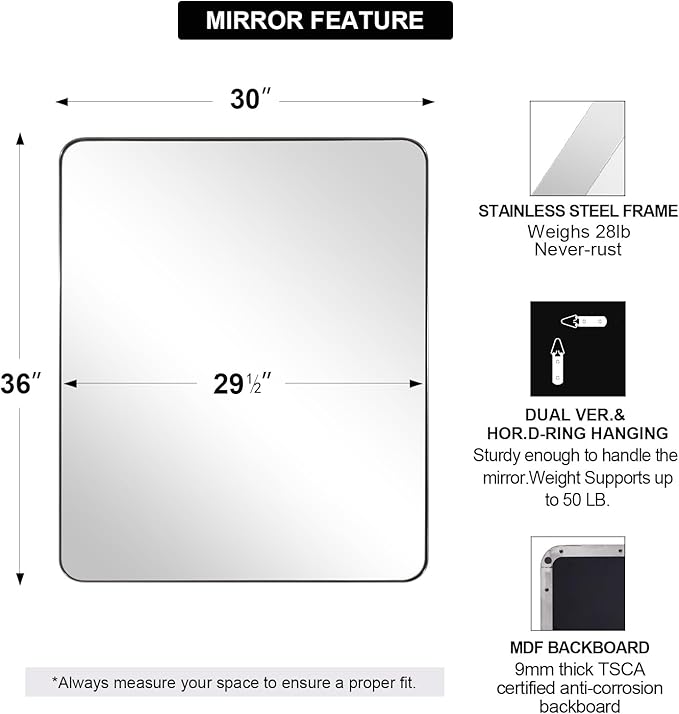 ANDY STAR Chrome Mirror for Bathroom, 30x36 Metal Frame Wall Mirror