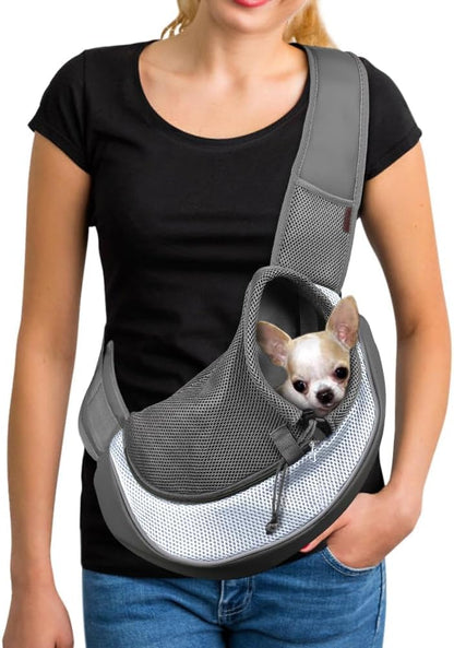 YUDODO Pet Sling Carrier for Small Dogs & Cats – Hands-Free Puppy Carrier with Safety Hook, Large Zipper Pocket, Soft Breathable Mesh, Adjustable Strap & Reflective Strip (Gray 1.0 M)