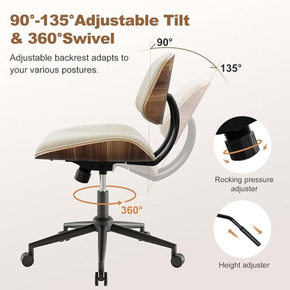 BERYTH Armless Office Chair with Wheels, PU Leather Adjustable Height Desk Chair - 360° Swivel Ergonomic Computer Chair for Small Space, Modern Walnut Style, Home & Meeting Room, Beige