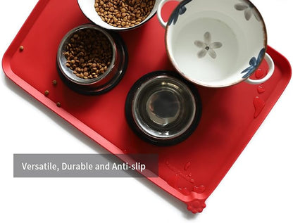 Hoki Found Large Silicone Non-Slip Pet Dog Cat Bowl Mats - Waterproof Dog Cat Food Mats - Classic Red