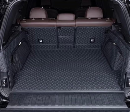 Car Cargo Mat Compatible with B-MW X5 5 Seater 2014-2018 Backrest Mat+Trunk Mat+Hight Side Mat Full Coverage Trunk Liner Luxury Leather-Black with Black Stitching