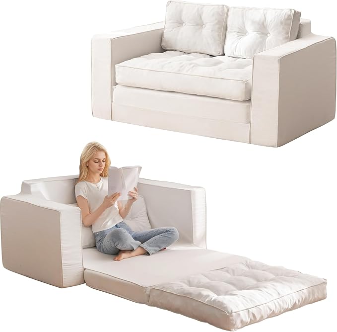 YOSHOOT Loveseat Sleeper Sofa,55" Convertible Sofa Bed Couch Futon Couches for Living Room,3-in-1 Pull Out Floor Couch with Backrest and Pillows, White