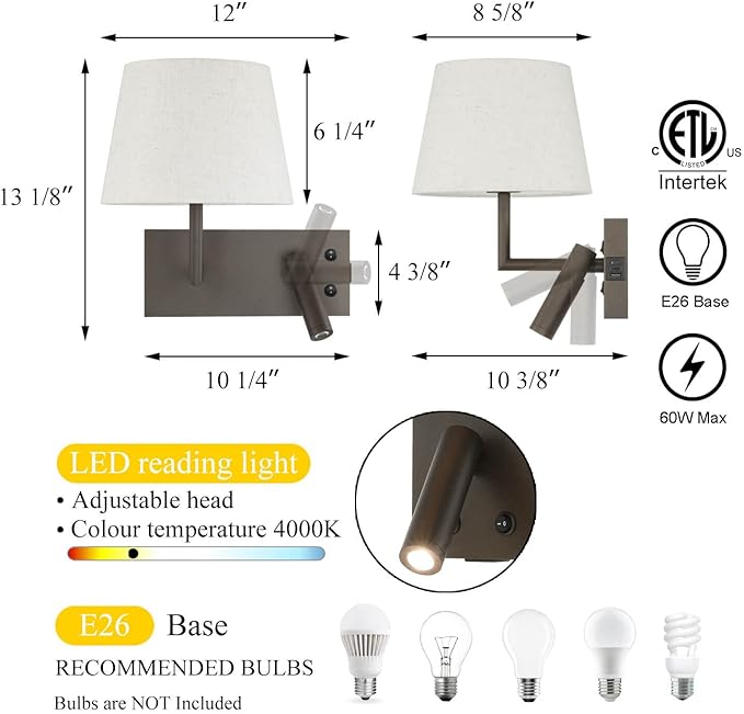 XiNBEi Lighting Hardwired Wall Sconce with LED Reading Lamp, Bedroom Wall Lamp with USB Port & Switch Rotatable Wall Light with Linen Fabric Shade for Bedside Living Room, Dark Bronze XB-W462-LED-DB