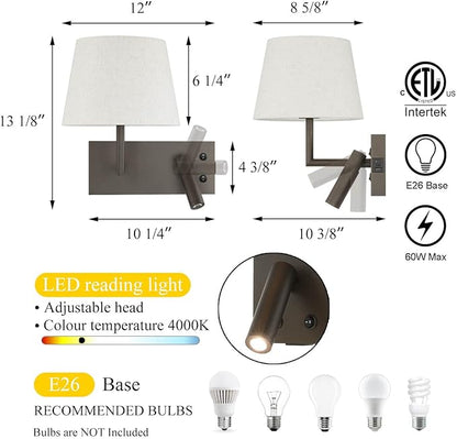 XiNBEi Lighting Hardwired Wall Sconce with LED Reading Lamp, Bedroom Wall Lamp with USB Port & Switch Rotatable Wall Light with Linen Fabric Shade for Bedside Living Room, Dark Bronze XB-W462-LED-DB