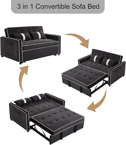 3 in 1 Convertible Loveseat Sleeper Sofa, Modern Futon Couch with Adjustable Backrest, Pull Out Sofa Bed Upholstered for Living Room Bedroom Apartment Small Space (Black)