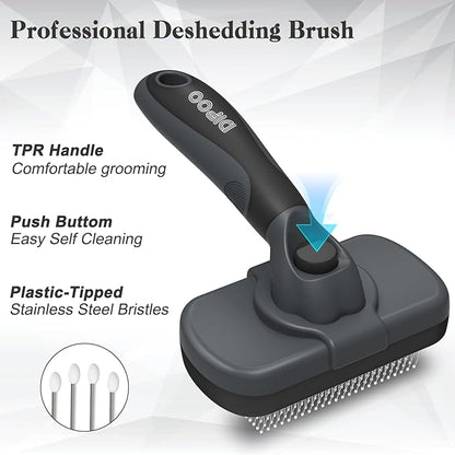Self-Cleaning Deshedding Brush for Dogs & Cats - Skin-Friendly Grooming Tool with Hair Brush for Long and Short Haired Pets, Grey