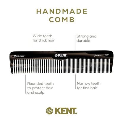 Kent 16T-16TG Fine Tooth and Wide Tooth Comb for Daily Grooming, Handmade Styling Comb for All Hair Types, Styling and Detangling Combs for Men and Women