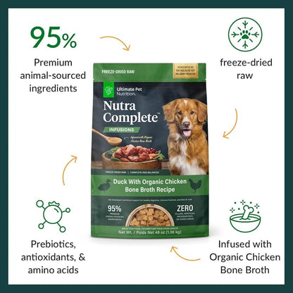ULTIMATE PET NUTRITION Nutra Complete Bone Broth Infusions, 100% Freeze Dried Raw Veterinarian Formulated Dog Food with Antioxidants Prebiotics and Amino Acids (3 Pound, Bone Broth Duck)
