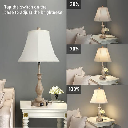 Farmhouse Table Lamp Touch Control 3-Way Dimmable Table Lamp, Modern Nightstand Lamp with 2 USB Port Bedside Desk Lamp with Fabric Shade for Living Room Bedroom Hotel (Pack 1-Beige Shade)