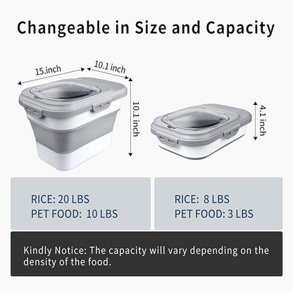 Rice Storage Container, Collapsible Airtight Food Storage Containers 6-20 Lbs, Rice Dispenser with Measuring Cup and Small Bin for Flour Cereal Pasta Grain, Cat Pet Dog Bird Food Container
