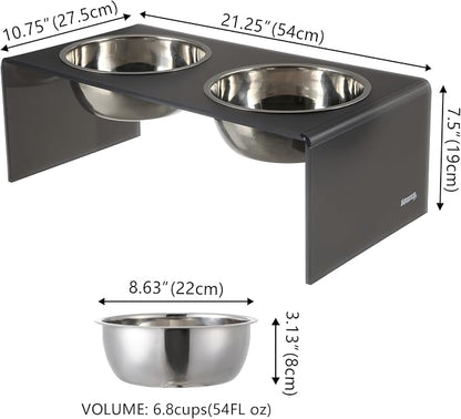 DBL2001J Keaton 7.5" Medium/Large Modern Acrylic Rectangular Elevated Pet Feeder with 54oz 2-Stainless Steel Bowls, Dark Gray/Chrome