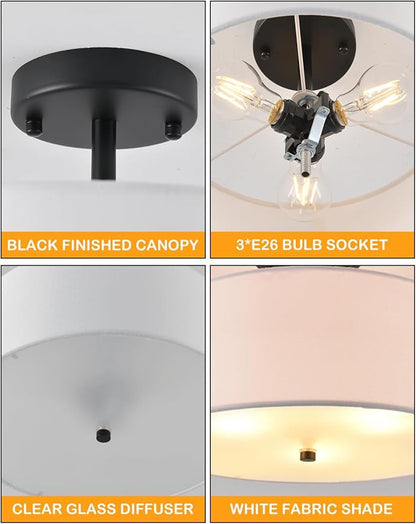 12.6" Semi Flush Mount Ceiling Light Fixture, 3-Light Black Drum Flush Mount Light Fixtures with White Fabric Shade, Modern Close to Ceiling Lights for Living Room Bedroom Hallway Entryway Foyer
