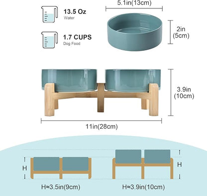 SPUNKYJUNKY Elevated Dog Bowls Ceramic, 5.1'' Dogs and Cat Food Water Bowls Raised with Non-Slip Bamboo Stand for Puppy Small Sized Breed Microwave Dishwasher Safe - 13.5 OZ,Dark Green