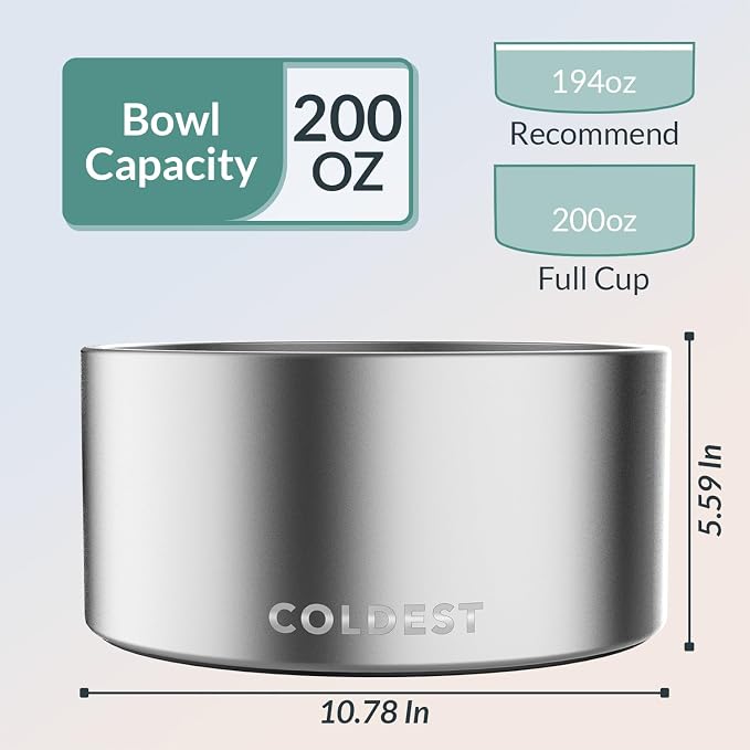 Coldest Dog Bowl - Anti Rust Metal, Non Slip, 3 Layers Insulated Stainless Steel Dog Bowls - Spill Proof & Heavy Duty - Water Bowl for Dogs, Cats, Dish Washer Safe (200 oz, Polished Stainless Steel)
