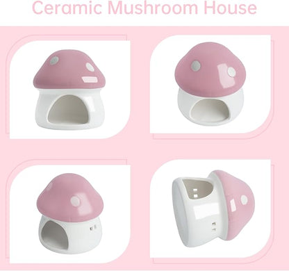 AnRui Ceramic Mushroom Aquarium Decor Cute Mini House Betta Fish Tank Accessories Decoration Hideaway Hideout Cave Ornament for Small Fish, Shrimp, Goldfish and Reptiles (Pink, Large)
