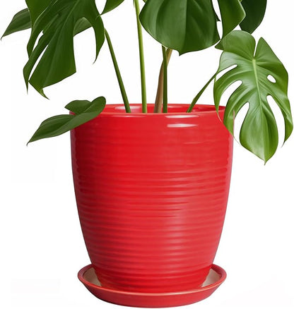 Ceramic Pot for Plants - 8 Inch Plant Pot for Indoor Plants Outdoor Round Planter Modern Flower Pot with Drainage Hole and Saucer Home Garden Office Porch Decor Red