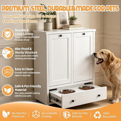 Dog Feeding Station Cabinet with Storage, Metal Pet Feeding Station with Storage, Tilt-Out Dog Food Storage Cabinet with 2 Stainless Steel Bowls, Hidden Feeding Station for Dogs & Cats, White