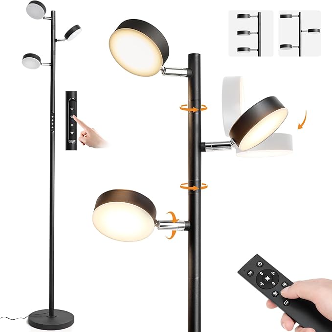 LED Tree Floor Lamp with Remote & Touch Control, 3 Heads Adjustable Dimmable Modern Floor Lamps with Timer, 4 Color Temperatures, Tall Standing Lamp for Living Room, Bedroom, Office, Black