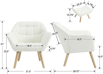 QUINJAY Modern Sherpa Accent Chair with Ottoman Set of 2, Fluffy Upholstered Lounge Chair with Footrest, Comfy Living Room Side Boucle Armchair for Small Space Bedroom, White